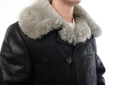 Men’s Long Traditional Shearling Coat with Light Fur – Black