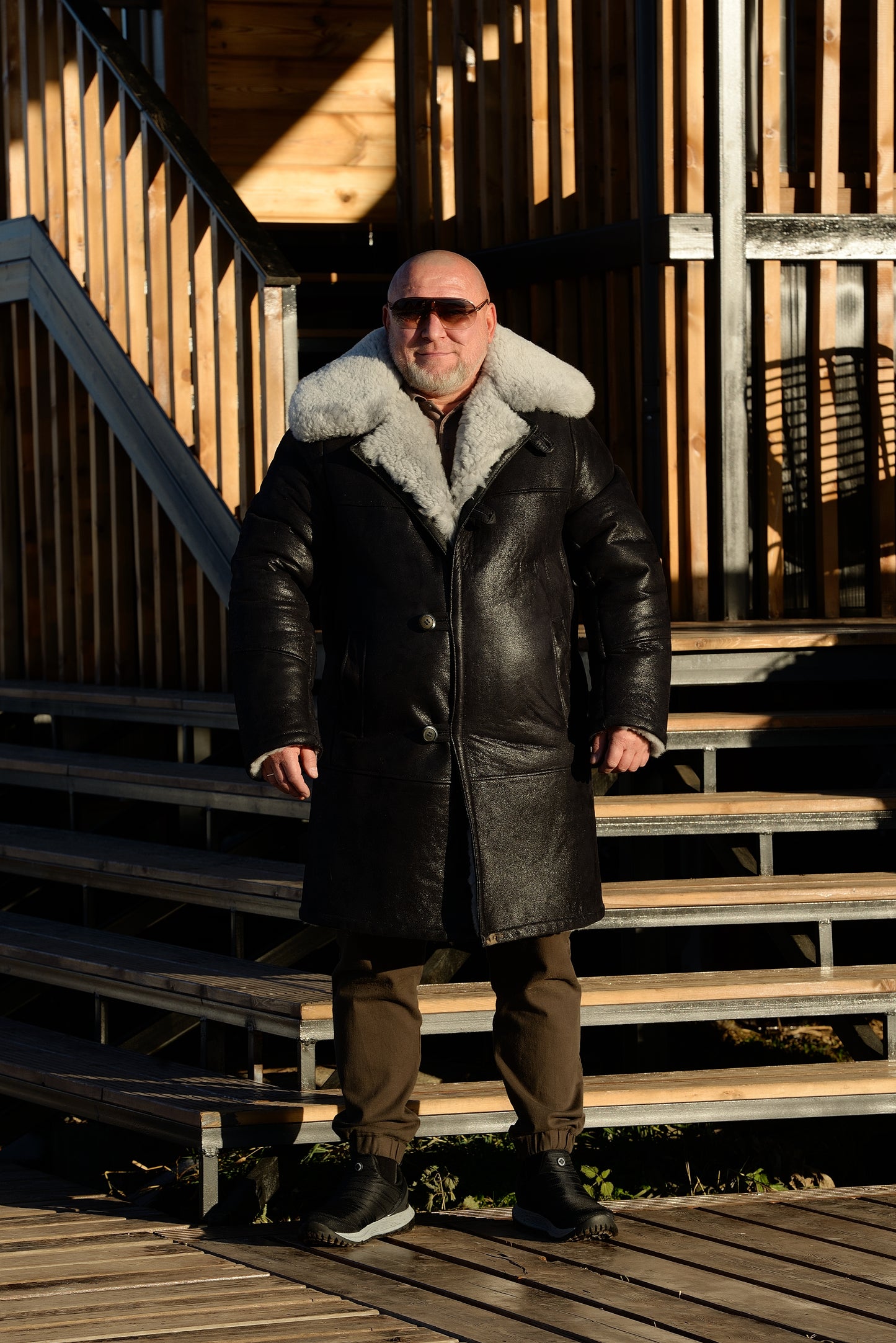 Men’s Long Traditional Shearling Coat with Light Fur – Black