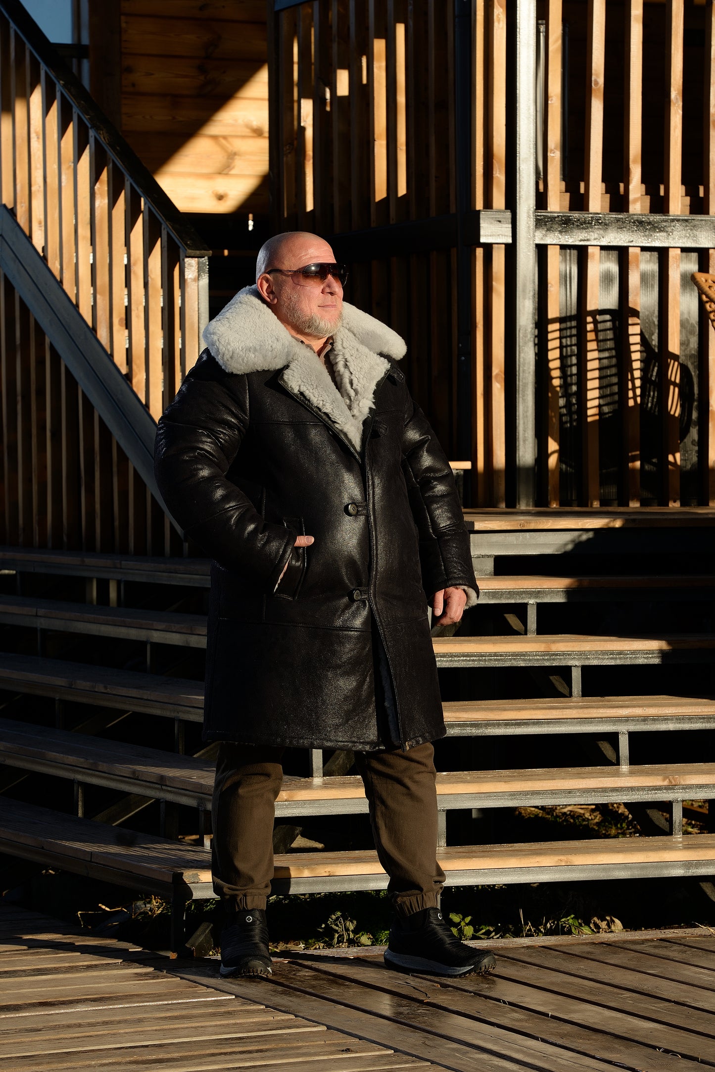 Men’s Long Traditional Shearling Coat with Light Fur – Black