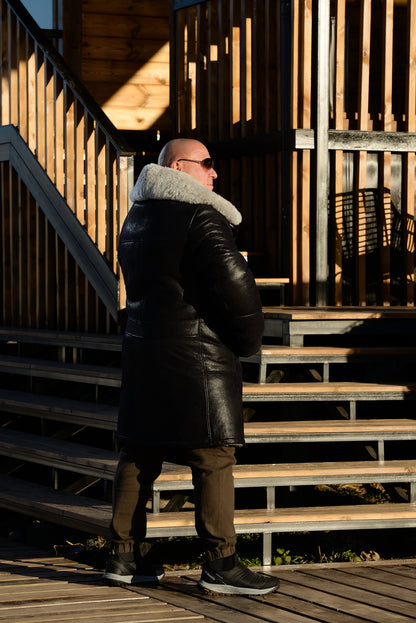 Men’s Long Traditional Shearling Coat with Light Fur – Black