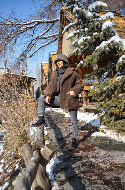 Womens Genuine Boucle Sheepskin Jacket with Wide Collar in Brown Color