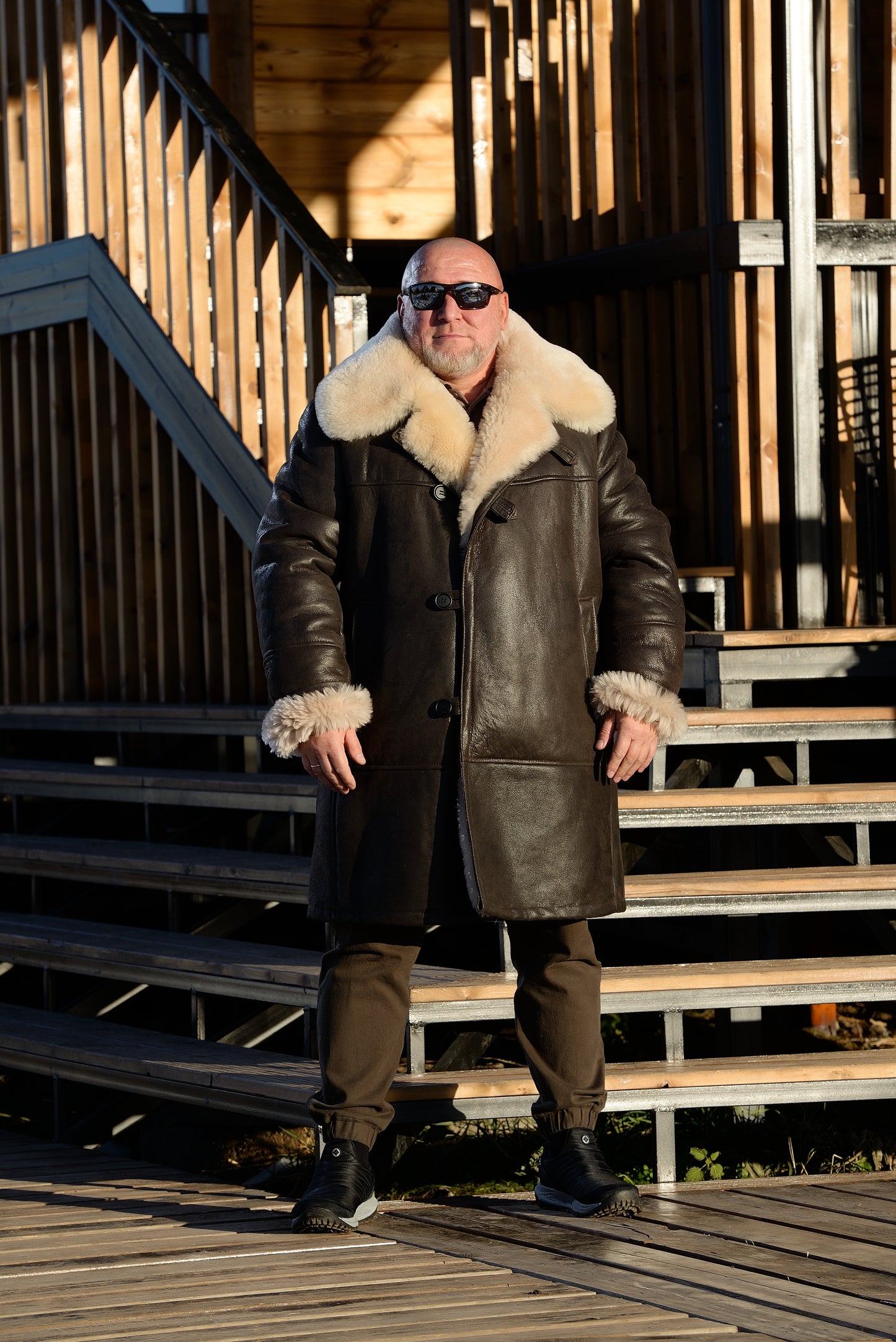 Men’s Long Shearling Sheepskin Coat with Wide Fur Collar – Brown