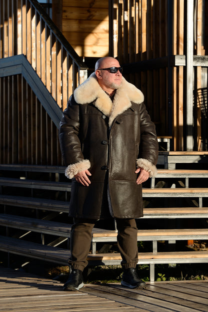 Men’s Long Shearling Sheepskin Coat with Wide Fur Collar – Brown