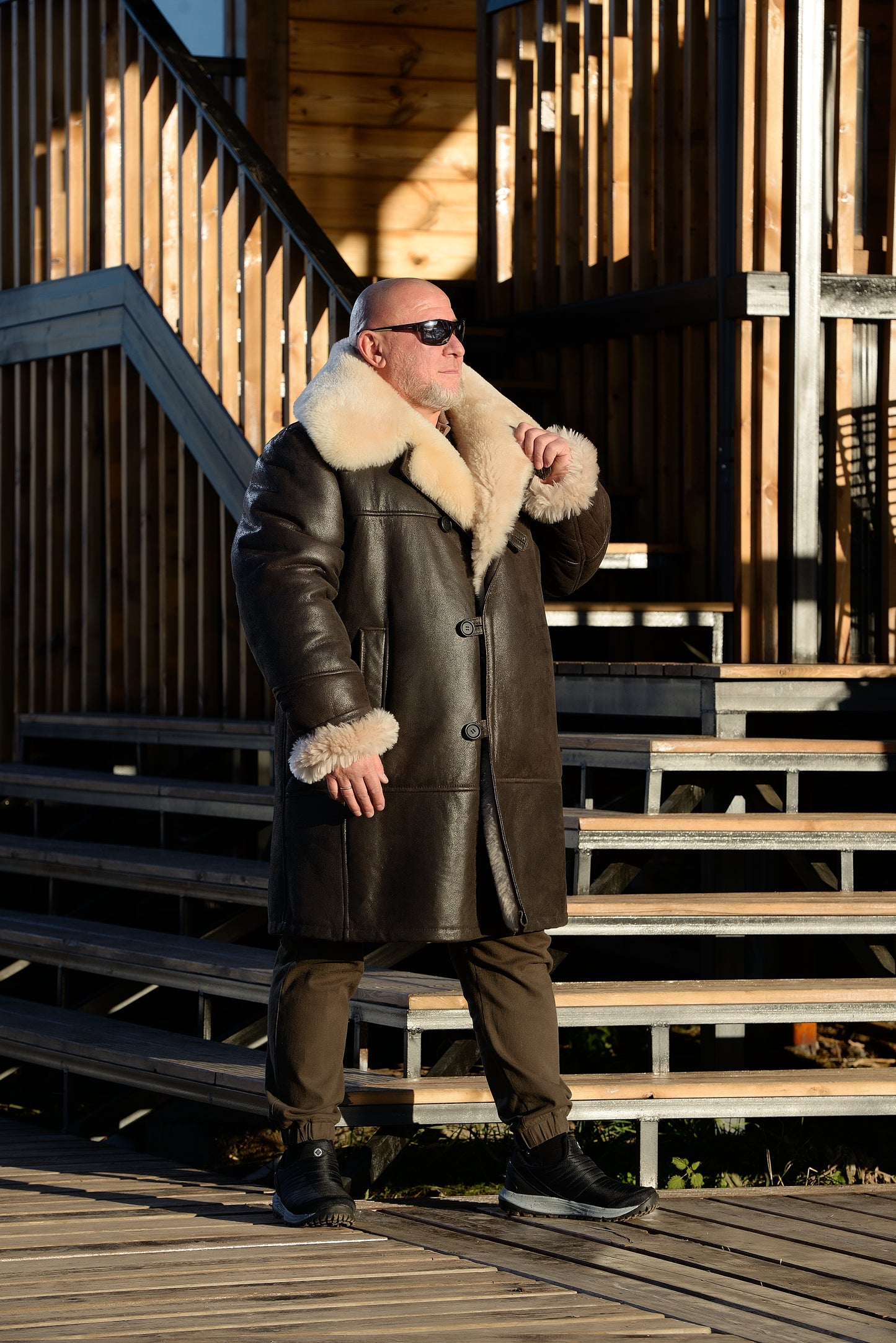 Men’s Long Shearling Sheepskin Coat with Wide Fur Collar – Brown