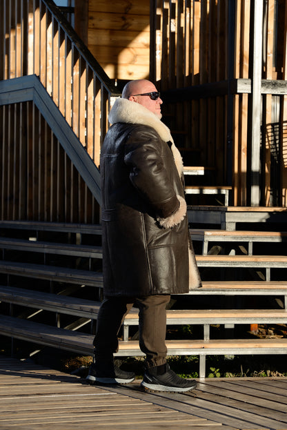 Men’s Long Shearling Sheepskin Coat with Wide Fur Collar – Brown