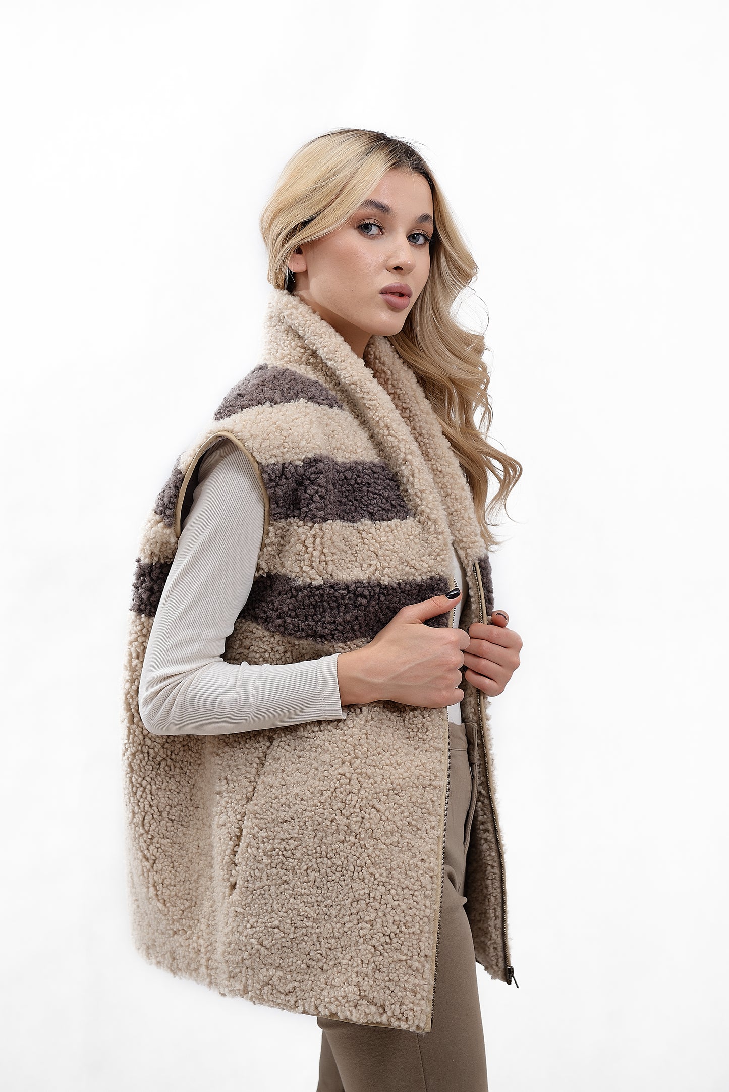 Womens Long Shearling Teddy Sheepskin Vest with Shawl Collar and Abstract Pattern