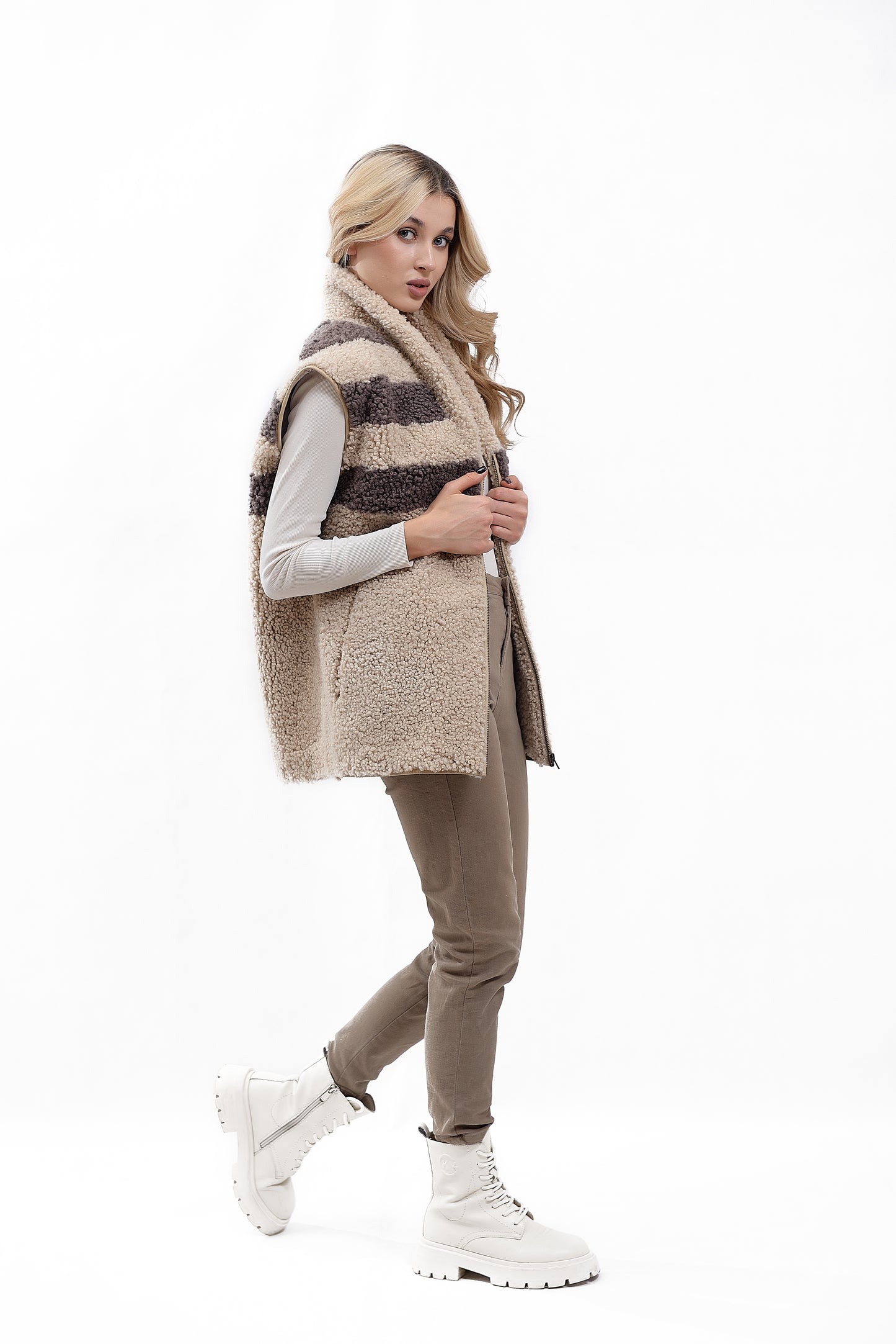 Womens Long Shearling Teddy Sheepskin Vest with Shawl Collar and Abstract Pattern