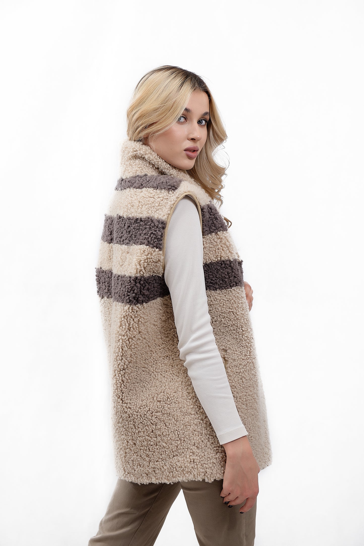 Womens Long Shearling Teddy Sheepskin Vest with Shawl Collar and Abstract Pattern