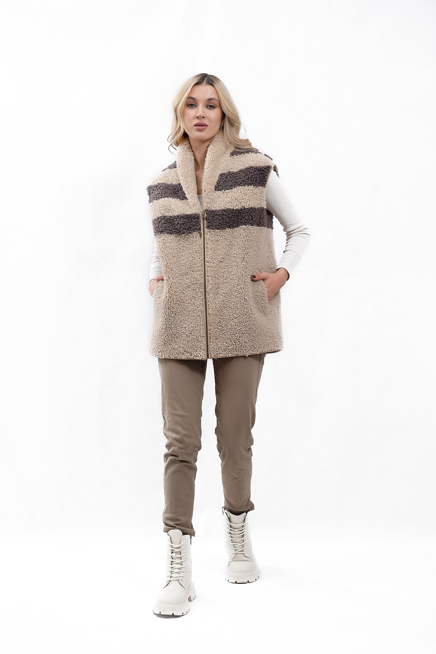 Womens Long Shearling Teddy Sheepskin Vest with Shawl Collar and Abstract Pattern