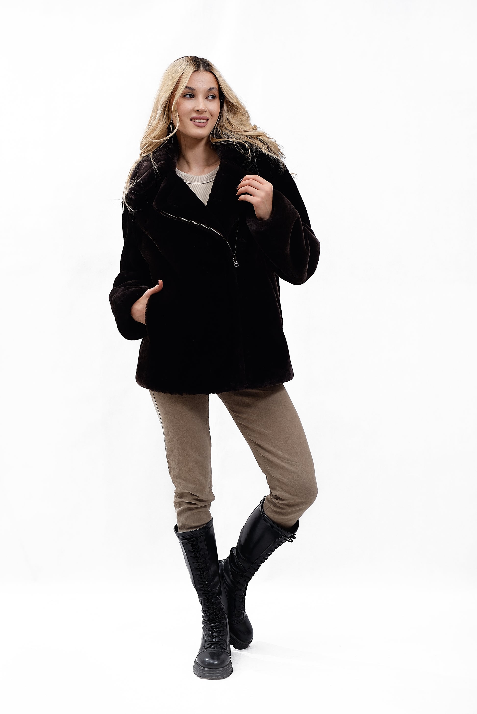 Women's Biker Jacket "Kosukha" Made of Natural Mouton Fur, Black