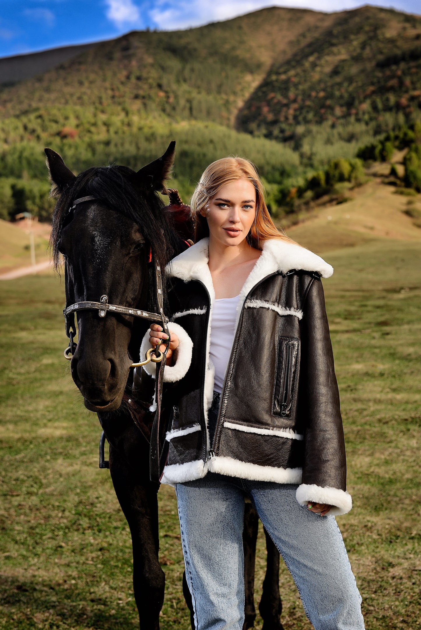 Real Shearling Womens Jacket with White Fur Inserts in Front and Along Sleeve