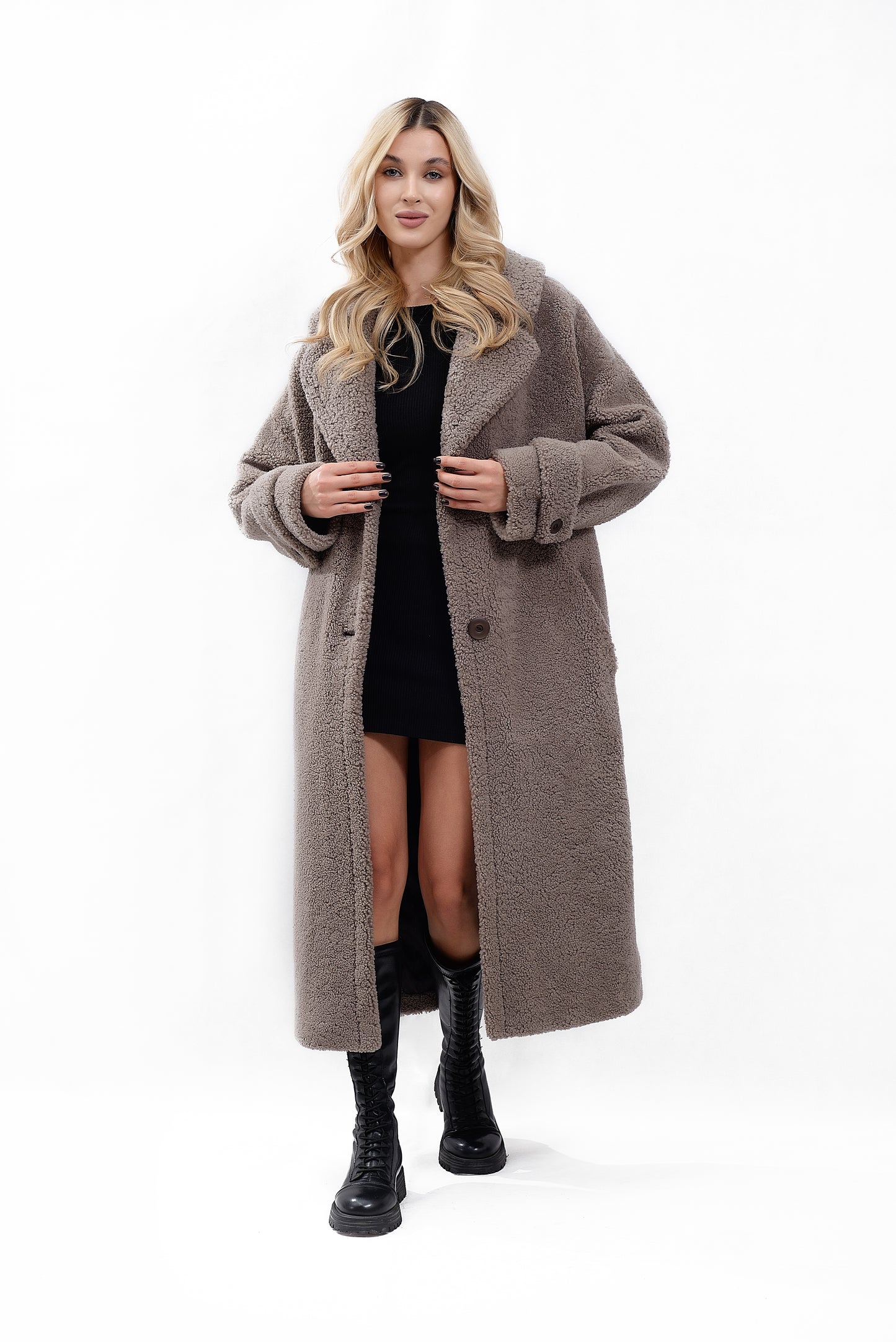 Women's Coat Made of Natural Bouclé Fur, Cocoa Color