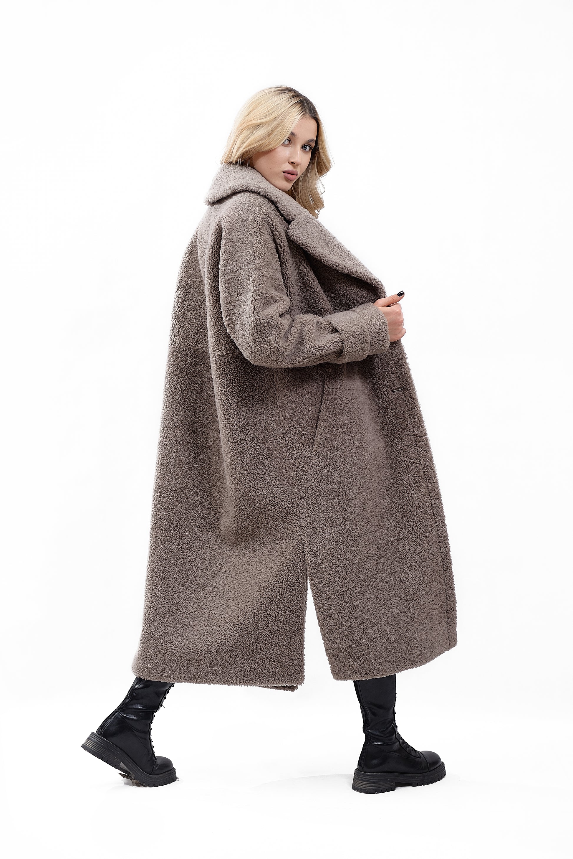 Women's Coat Made of Natural Bouclé Fur, Cocoa Color