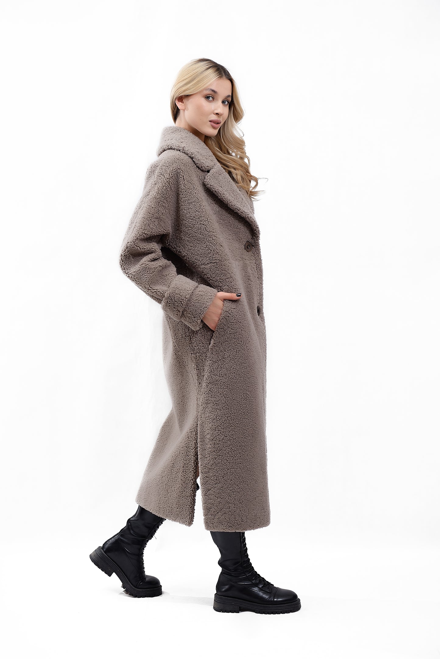 Women's Coat Made of Natural Bouclé Fur, Cocoa Color