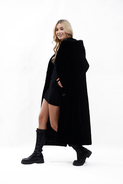 Women's Coat Made of Natural Mouton Fur with Hood, Black