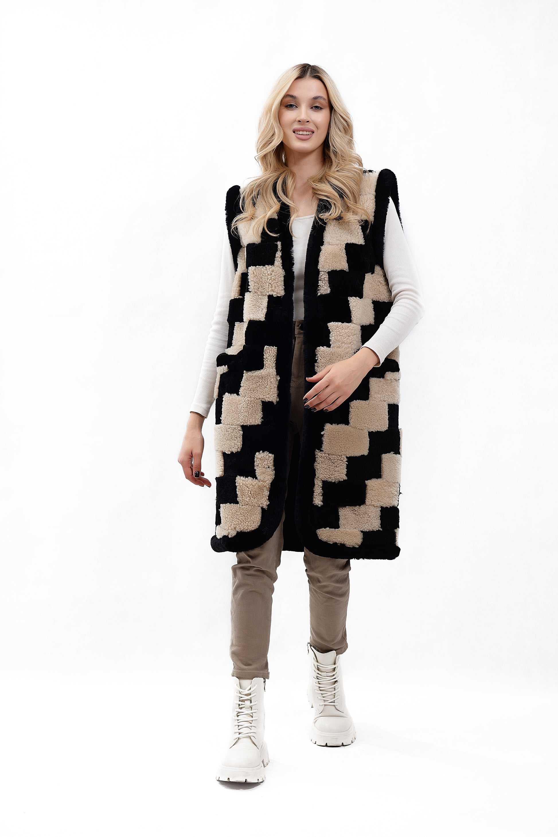 Women's Long Shearling Vest Made from Sheepskin Pieces