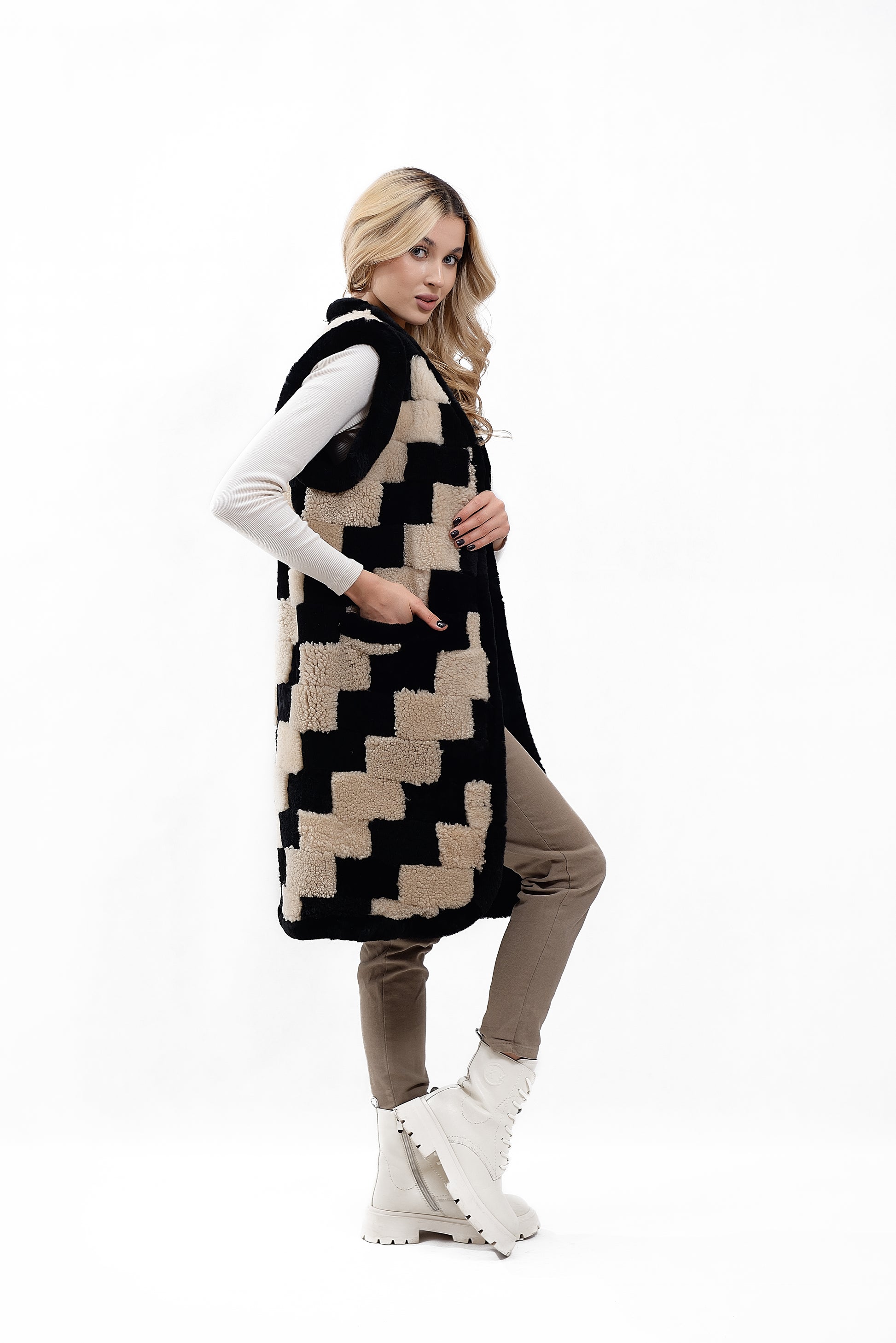 Women's Long Shearling Vest Made from Sheepskin Pieces