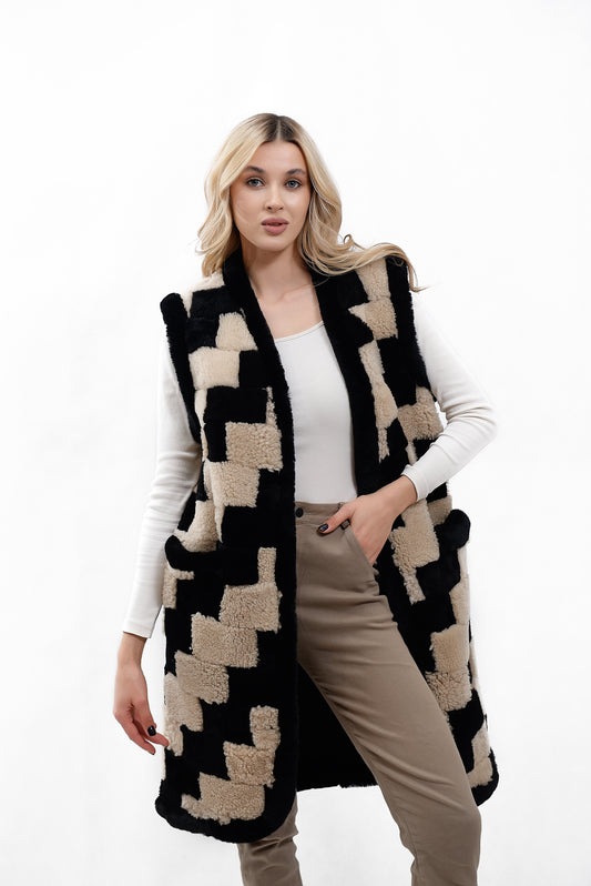 Women's Long Shearling Vest Made from Sheepskin Pieces