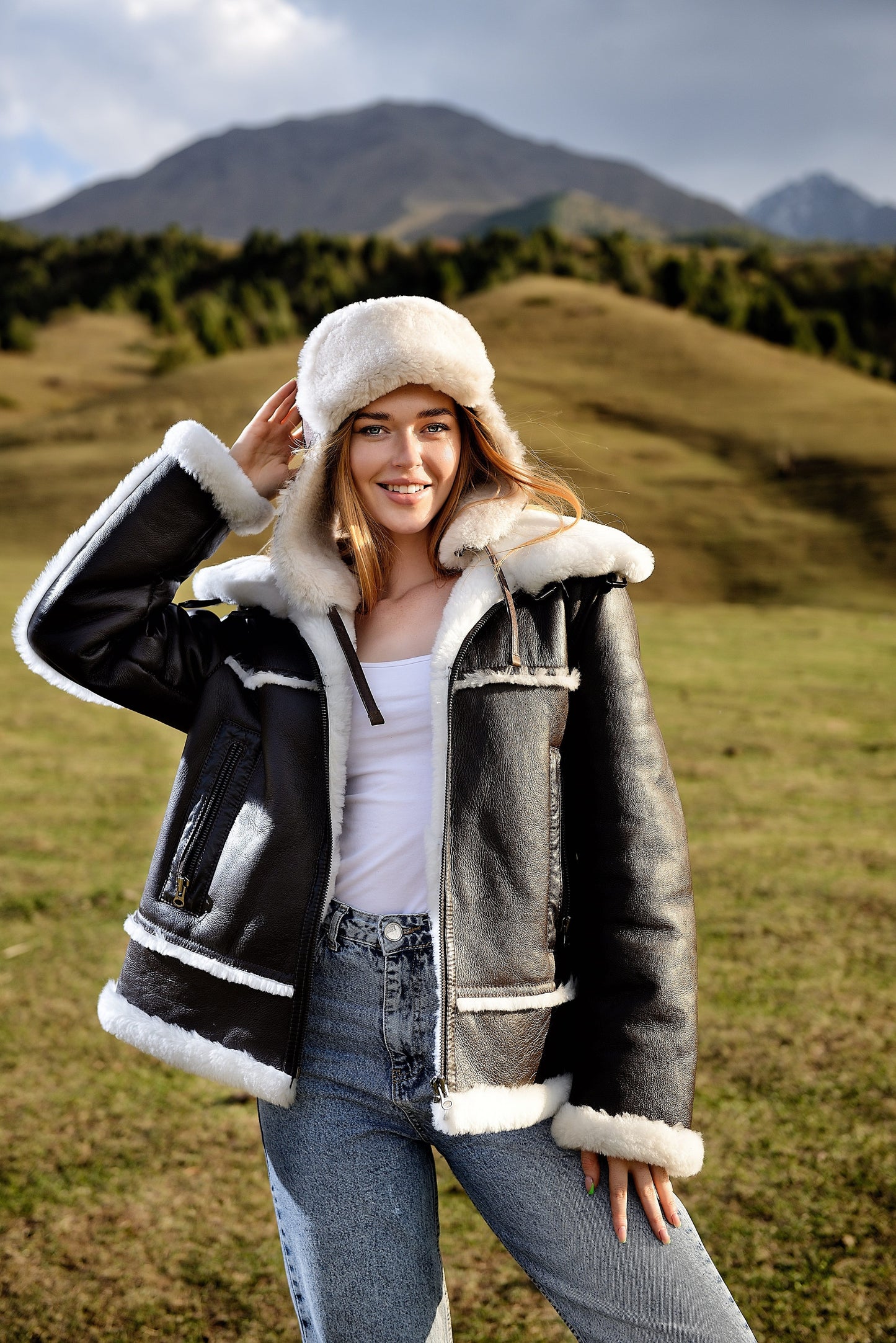 Real Shearling Womens Jacket with White Fur Inserts in Front and Along Sleeve