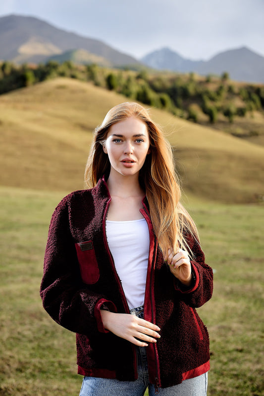 Lightweight Short Sheepskin Jacket in Burgundy Color with Boucle Sheepskin and Suede Leather Inserts
