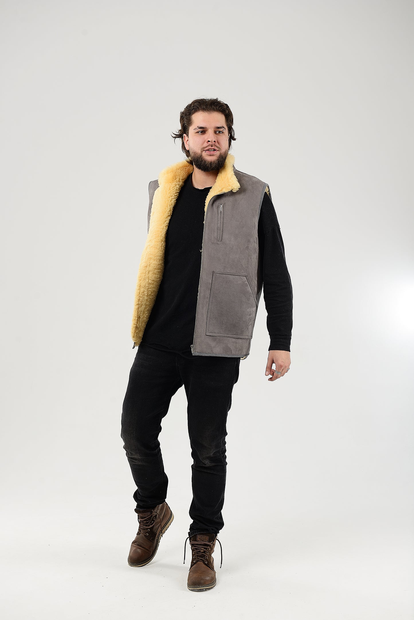 Black Sheepskin Vest with Patch Pocket Medical Sheepskin Hypoallergenic