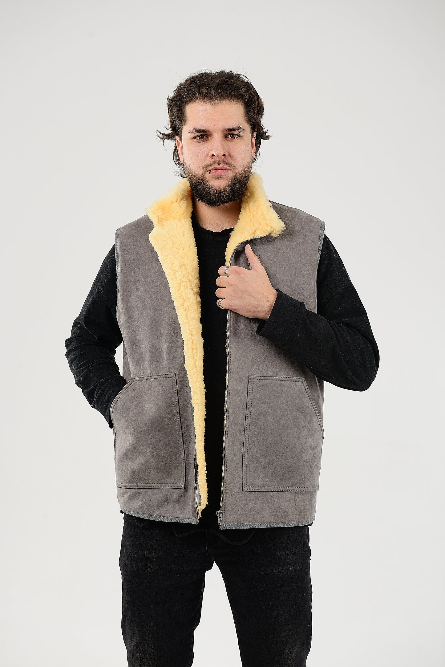 Black Sheepskin Vest with Patch Pocket Medical Sheepskin Hypoallergenic