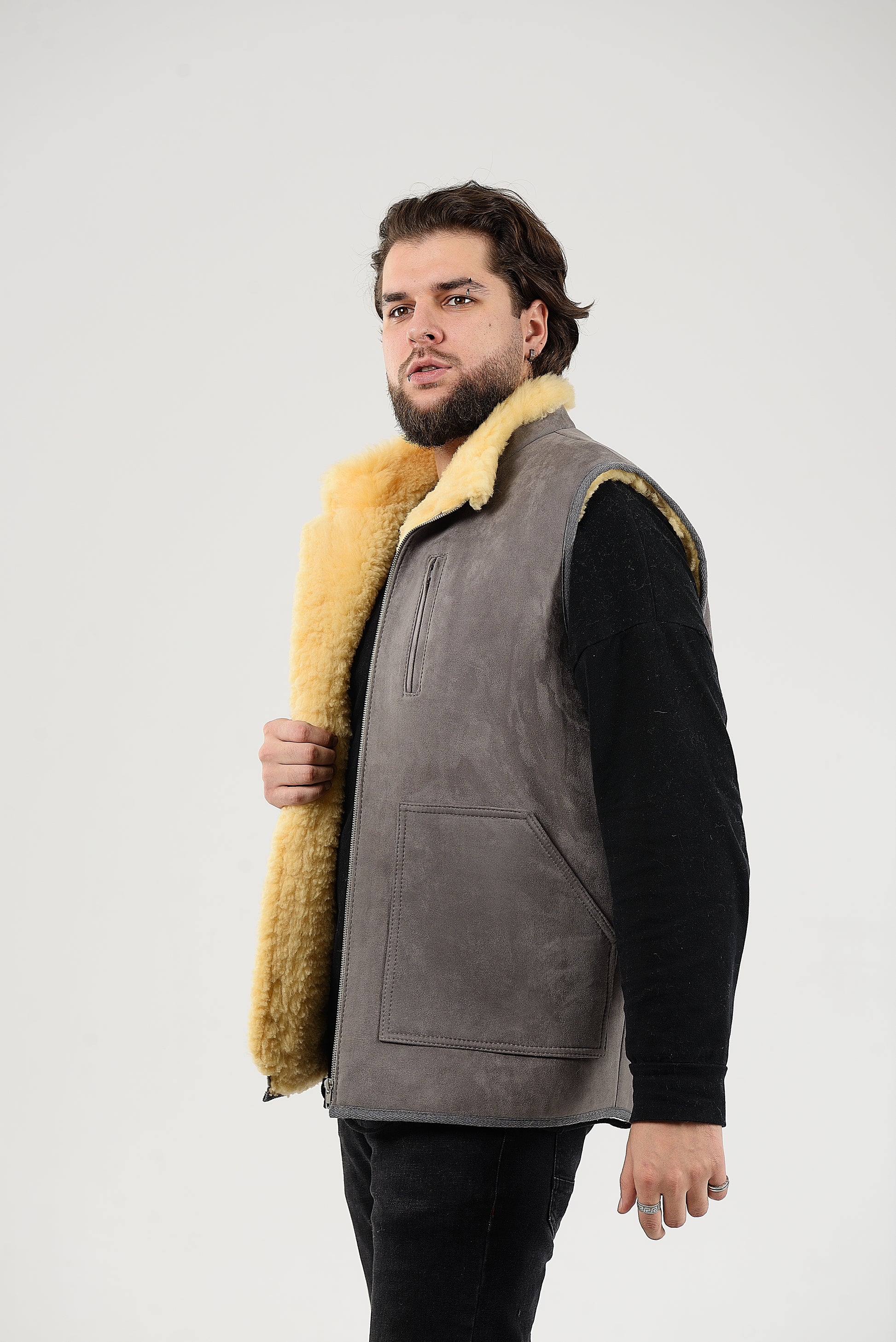 Black Sheepskin Vest with Patch Pocket Medical Sheepskin Hypoallergenic