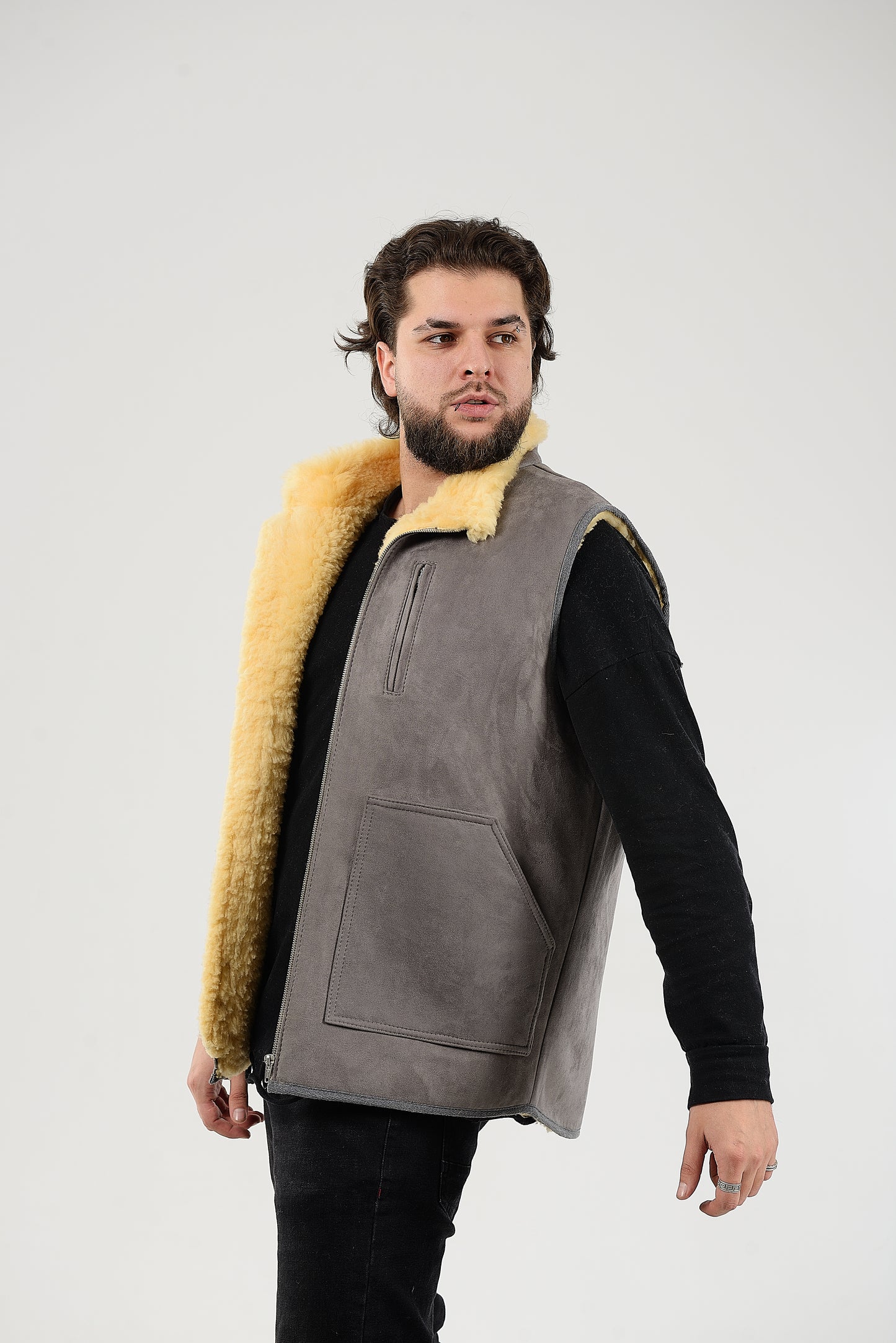 Black Sheepskin Vest with Patch Pocket Medical Sheepskin Hypoallergenic