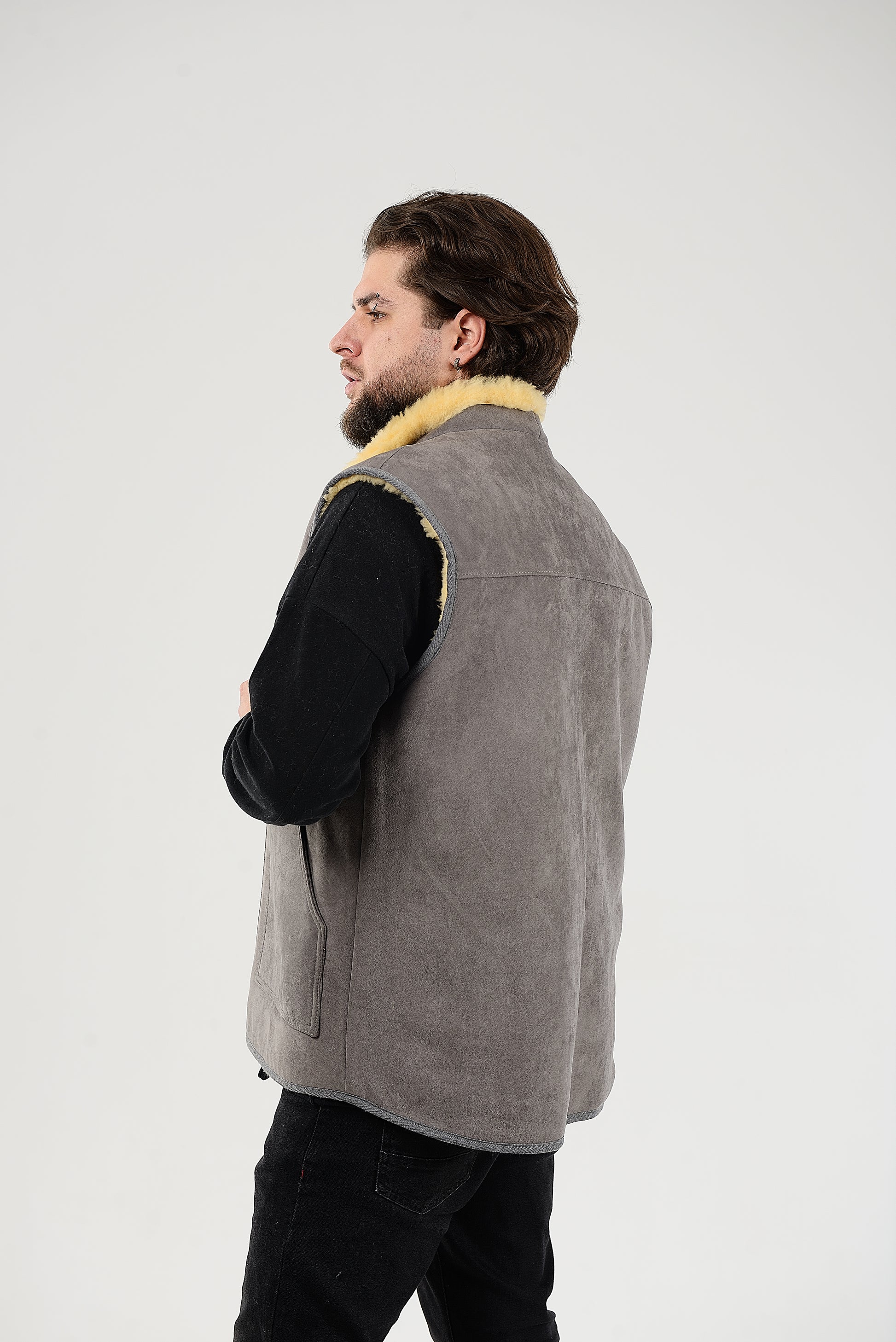 Black Sheepskin Vest with Patch Pocket Medical Sheepskin Hypoallergenic