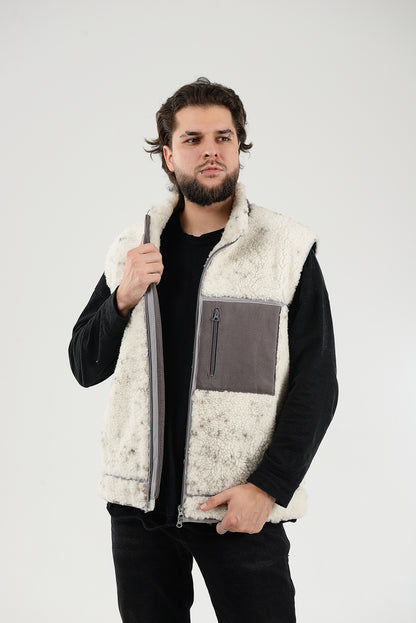 Soft Beige Sheepskin Vest, Collar-Exposed Wool Seams, Lightweight And Warm Sleeveless Jacket,Sustainable Clothing,Zipper Closure And Pockets