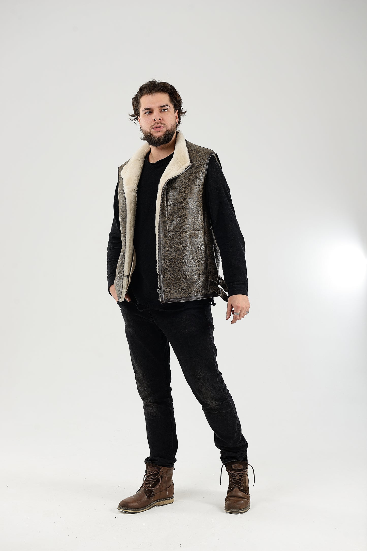 Sheepskin Shearling Vest with Special Spray Coating with Front-Zip Pocket