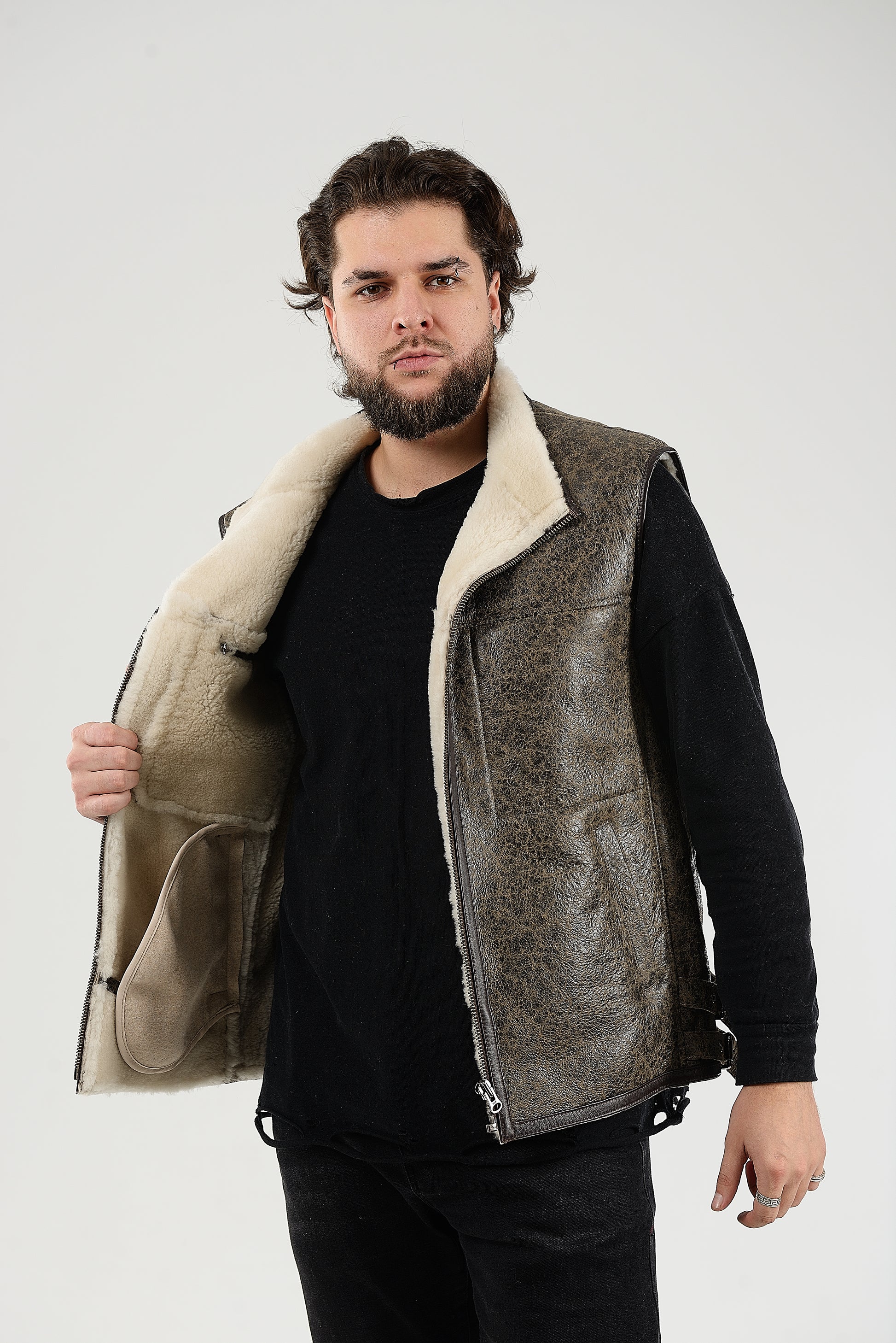 Sheepskin Shearling Vest with Special Spray Coating with Front-Zip Pocket