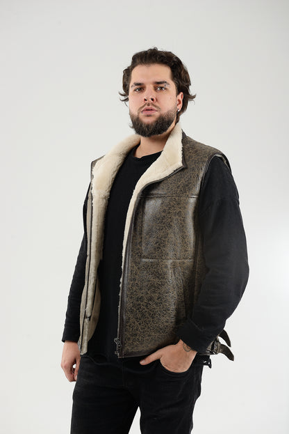Sheepskin Shearling Vest with Special Spray Coating with Front-Zip Pocket