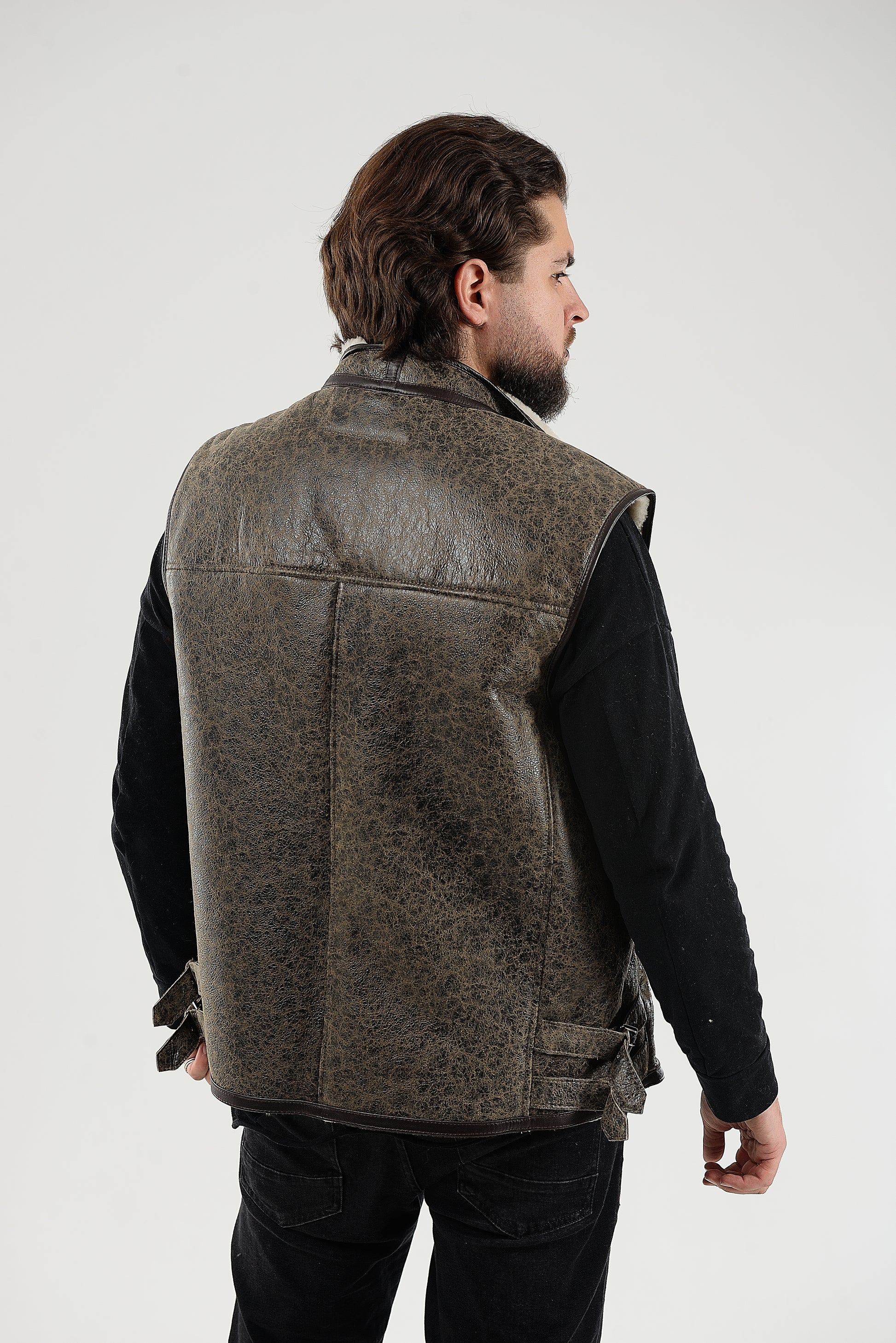 Sheepskin Shearling Vest with Special Spray Coating with Front-Zip Pocket