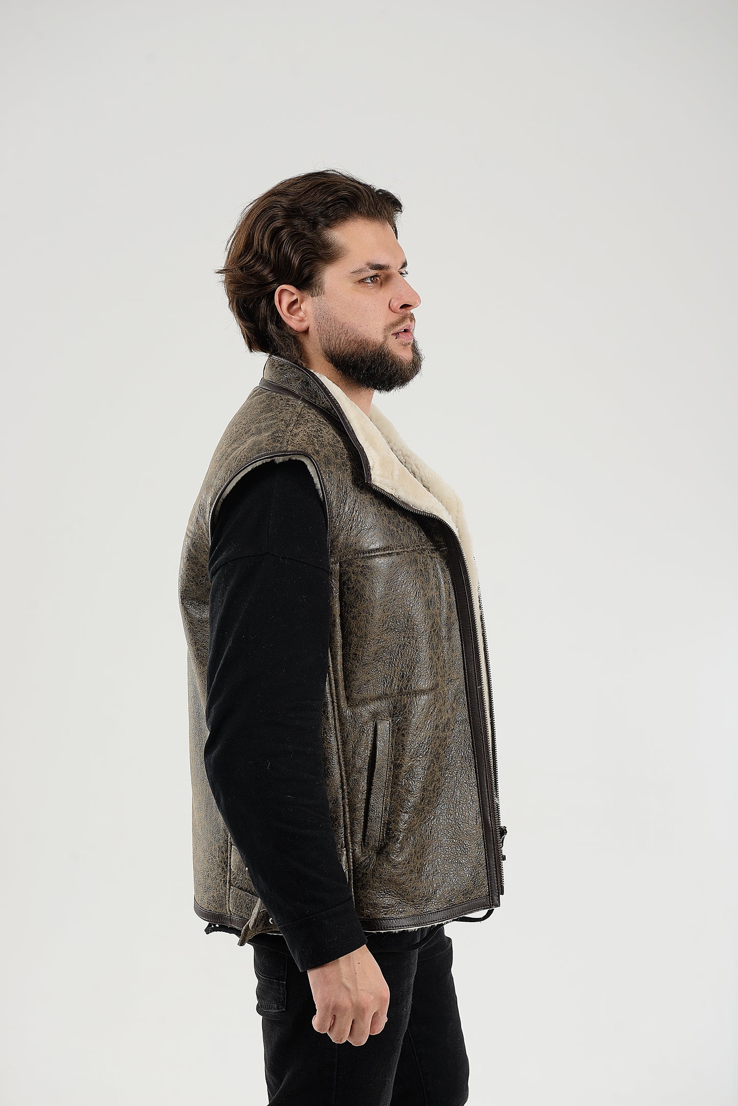 Sheepskin Shearling Vest with Special Spray Coating with Front-Zip Pocket