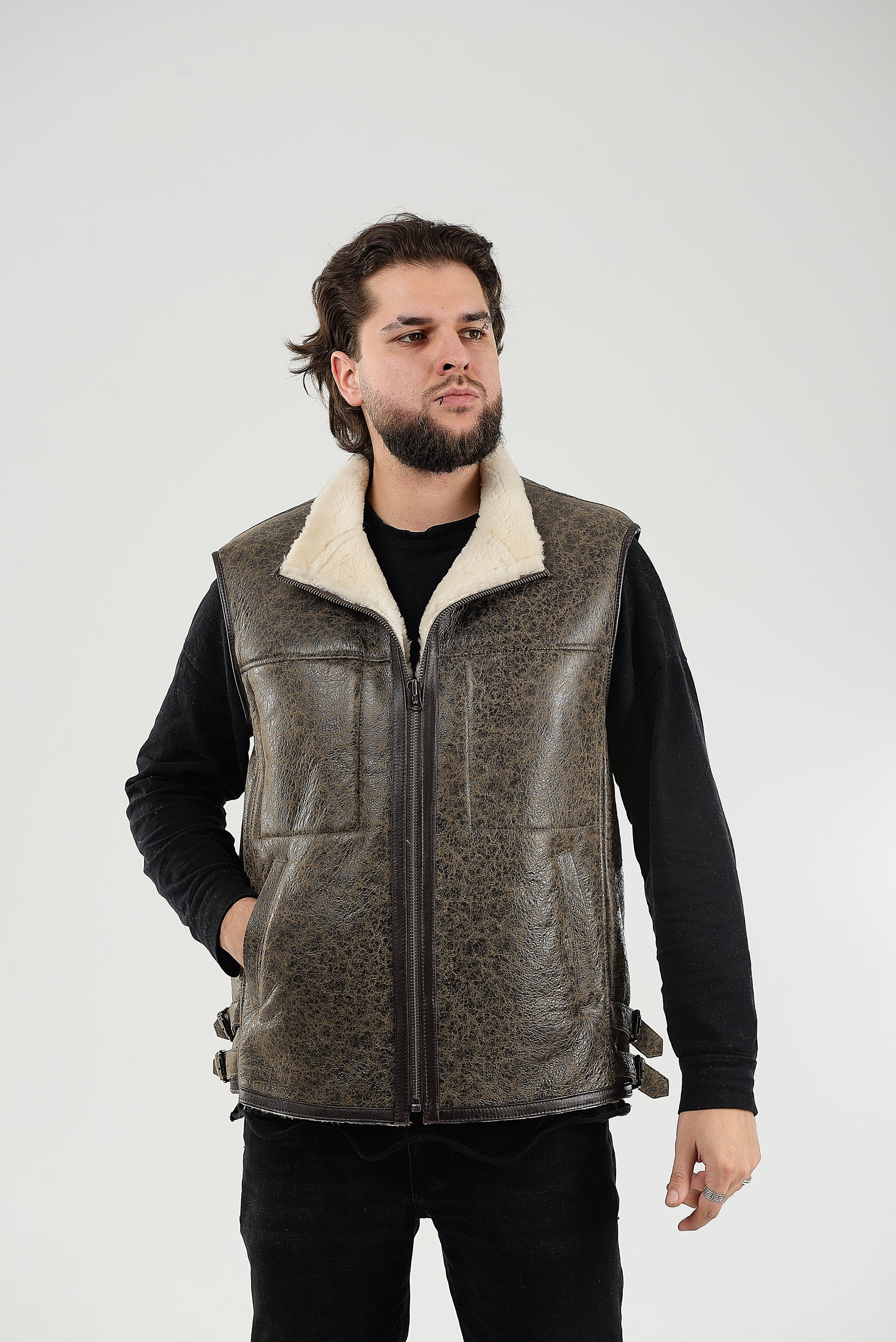 Sheepskin Shearling Vest with Special Spray Coating with Front-Zip Pocket