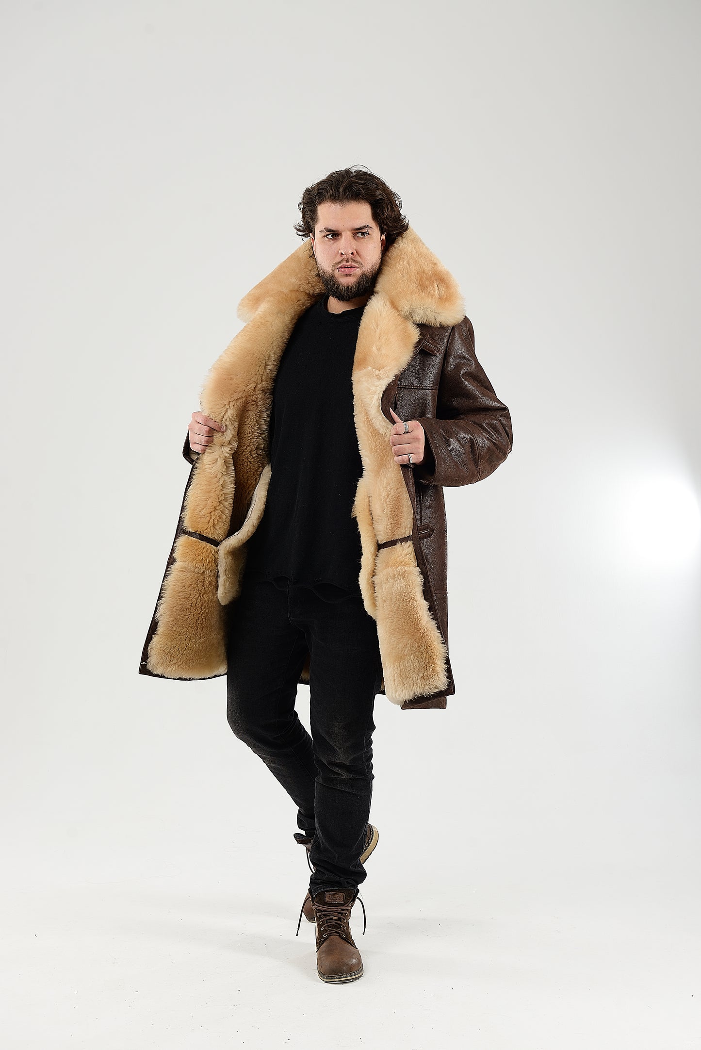 Mens Long Shearling Sheepskin Coat in Brown Color with Wide Fur Collar