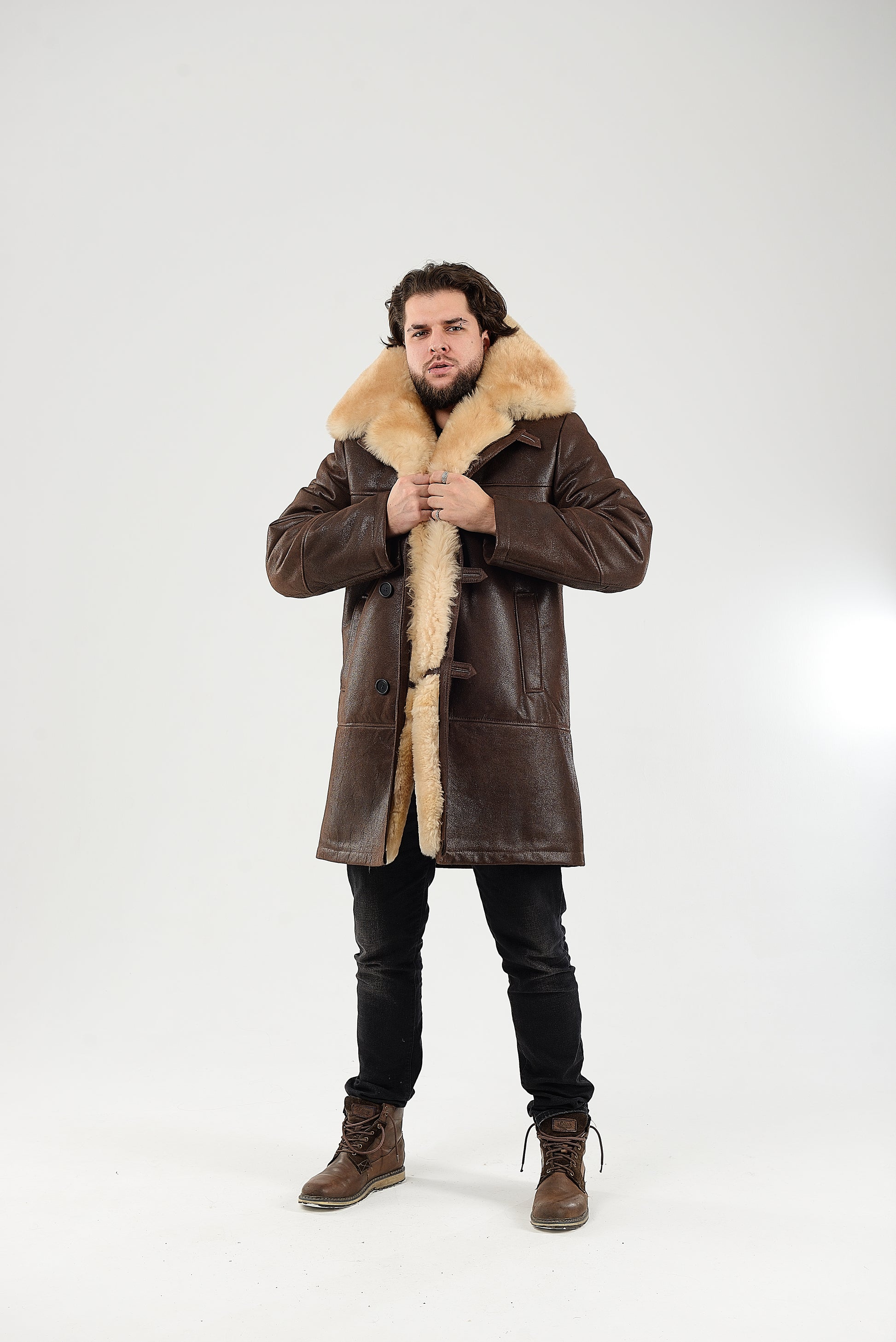 Mens Long Shearling Sheepskin Coat in Brown Color with Wide Fur Collar