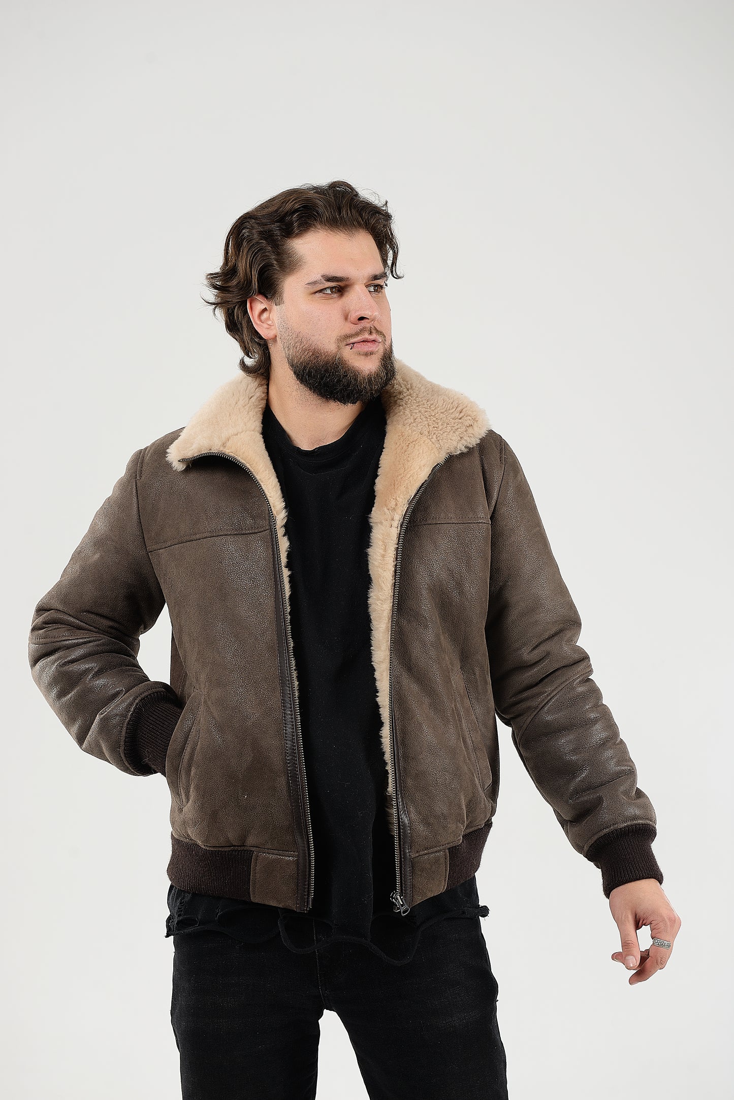 Lightweight Real Shearling Sheepskin Leather Mens Jacket in Khaki Color