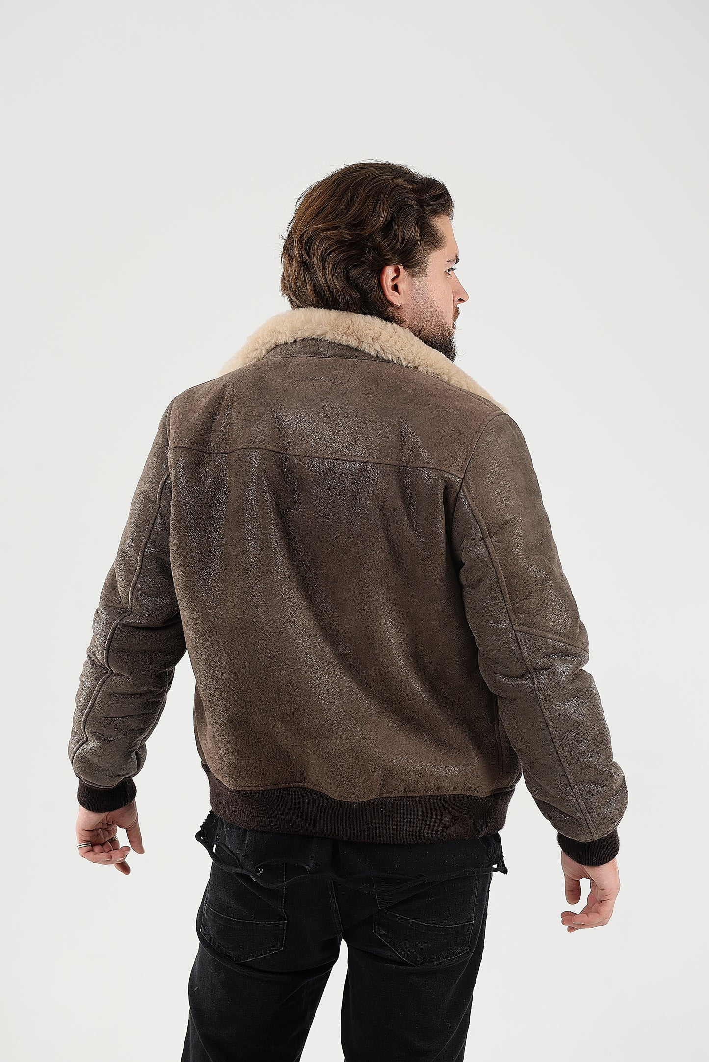 Lightweight Real Shearling Sheepskin Leather Mens Jacket in Khaki Color