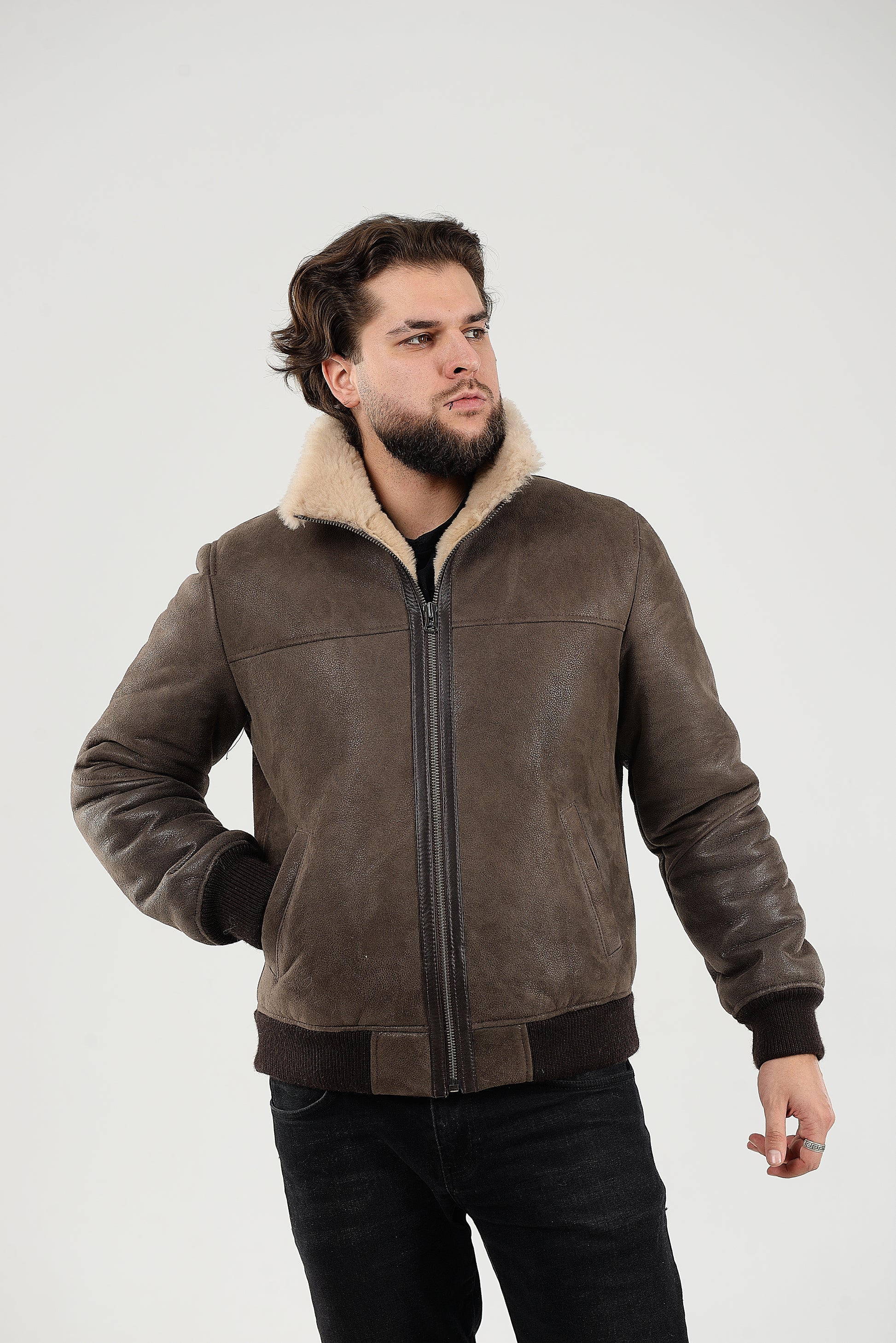 Lightweight Real Shearling Sheepskin Leather Mens Jacket in Khaki Color