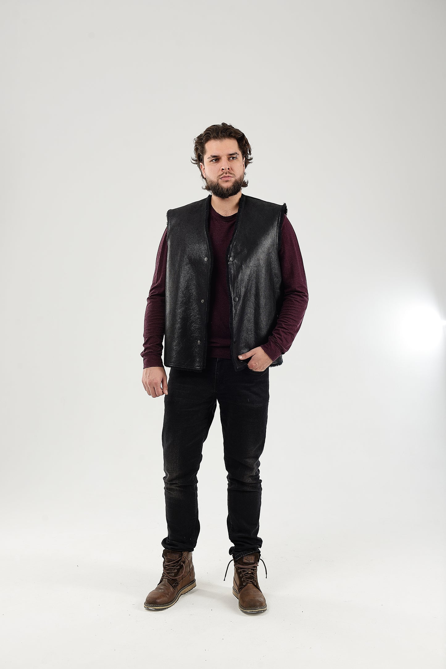 Cowboy Men's Black Thin Sheepskin Vest with Fur Lining and Front Button Closure