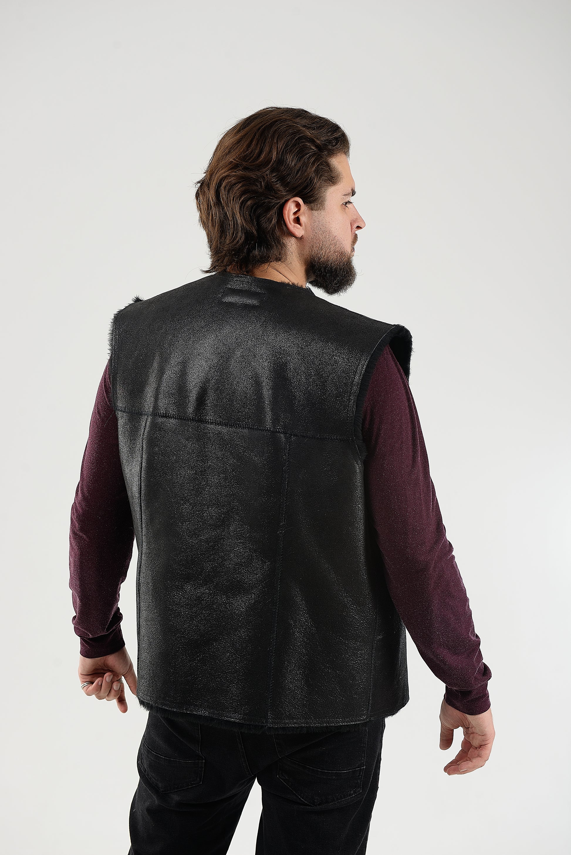 Cowboy Men's Black Thin Sheepskin Vest with Fur Lining and Front Button Closure