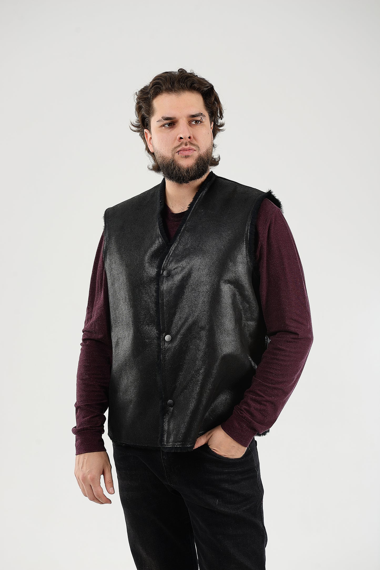 Cowboy Men's Black Thin Sheepskin Vest with Fur Lining and Front Button Closure