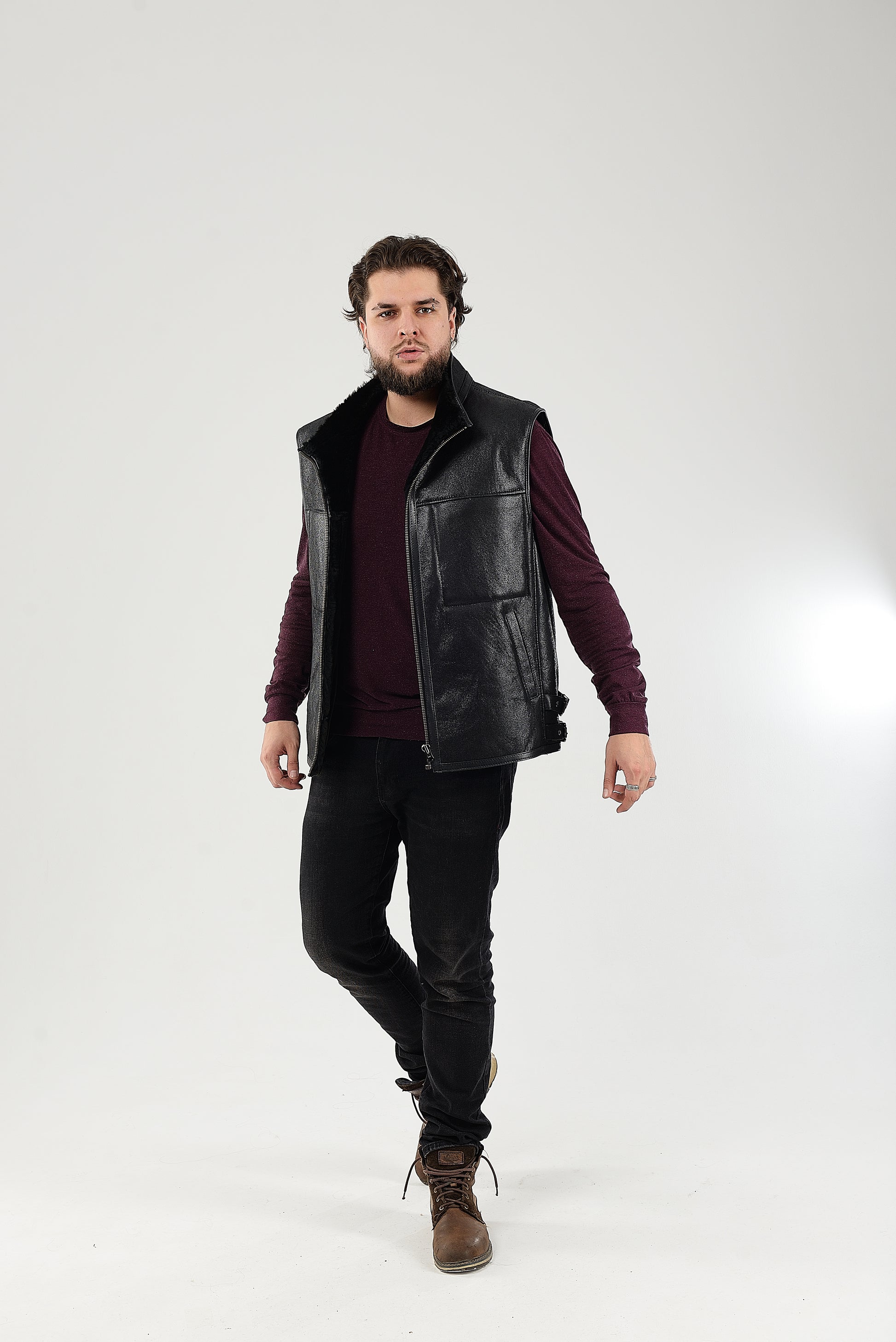 Black Sheepskin Shearling Vest with Special Spray Coating with Front-Zip Pocket