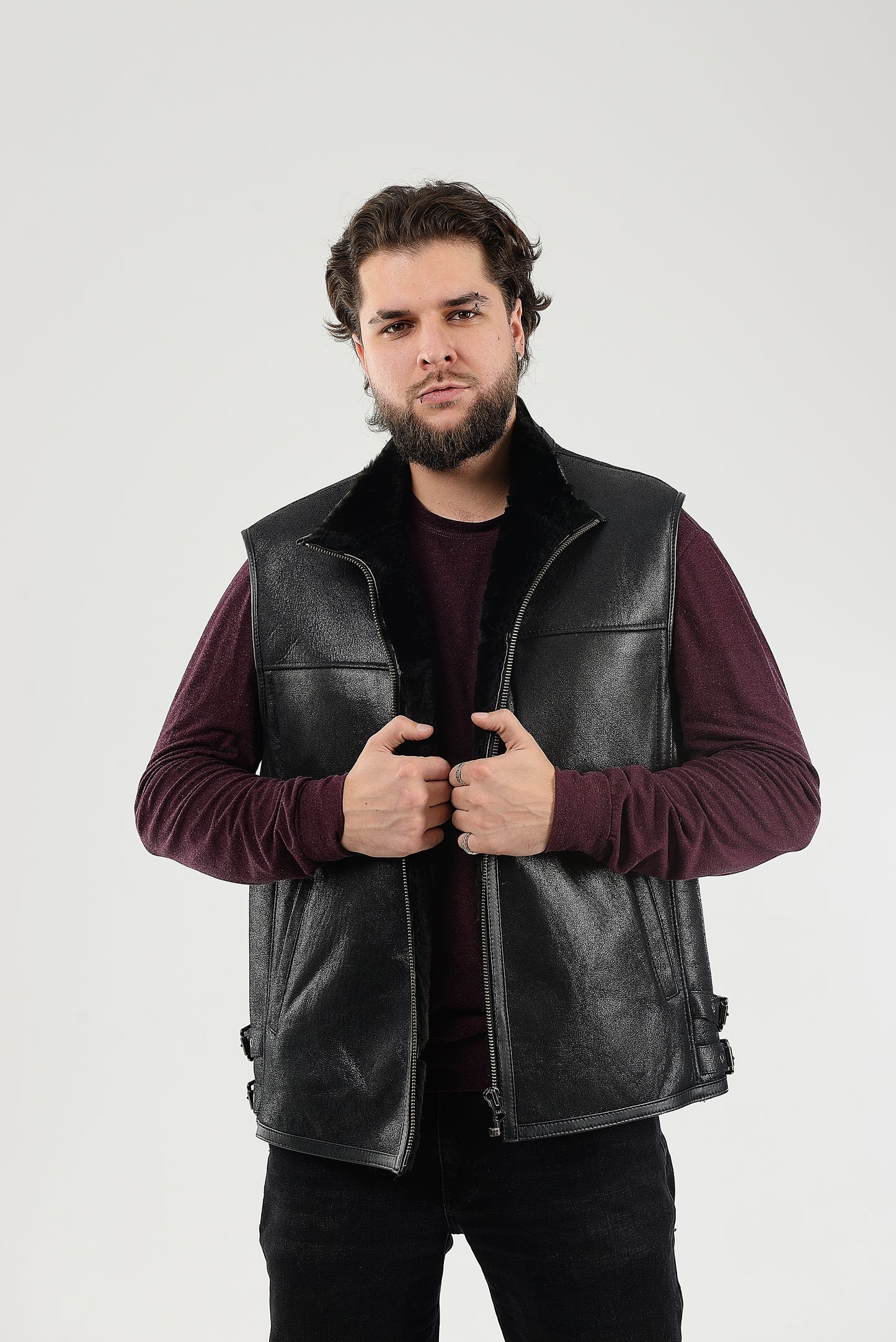 Black Sheepskin Shearling Vest with Special Spray Coating with Front-Zip Pocket