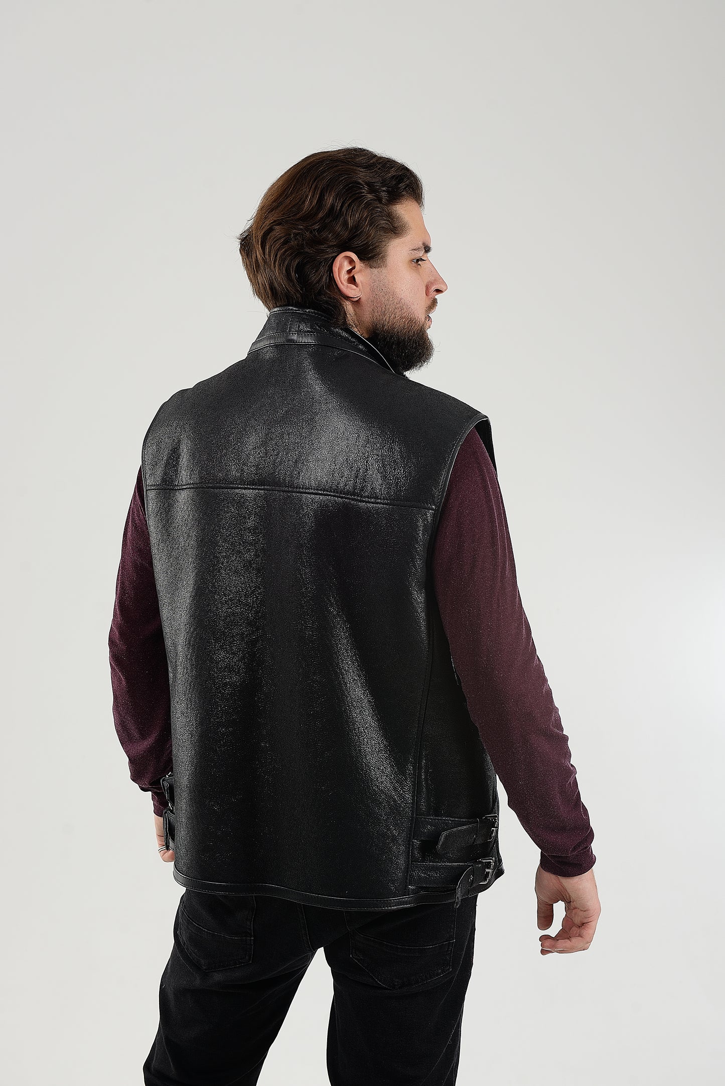 Black Sheepskin Shearling Vest with Special Spray Coating with Front-Zip Pocket