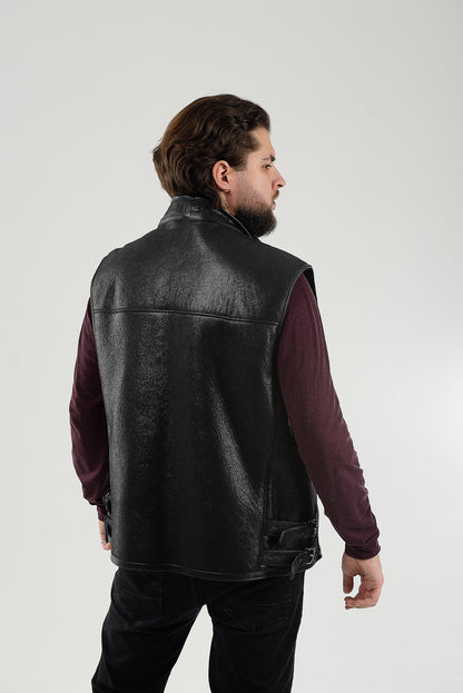 Black Sheepskin Shearling Vest with Special Spray Coating with Front-Zip Pocket