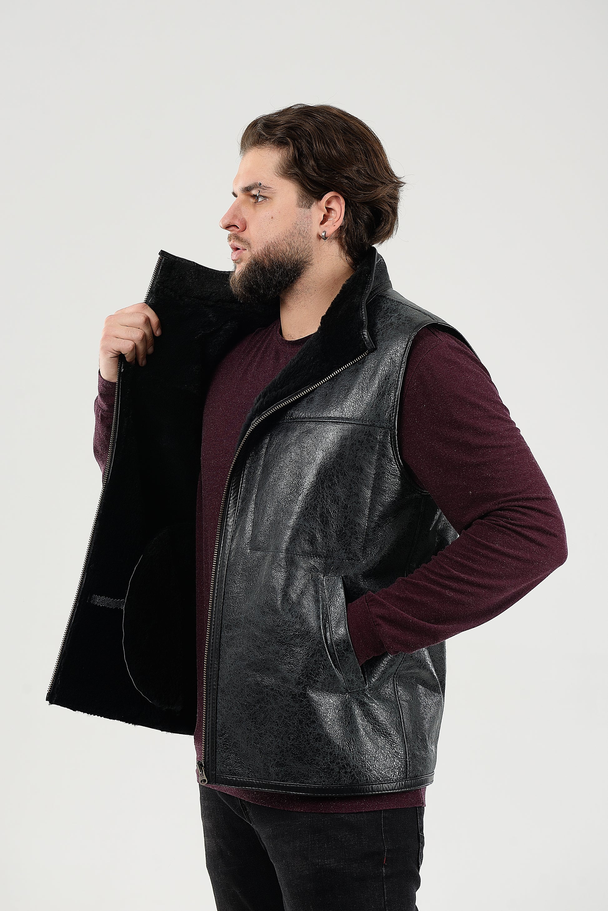 Warm Western Men's Sheepskin Vest with Secret Zip Front Pocket