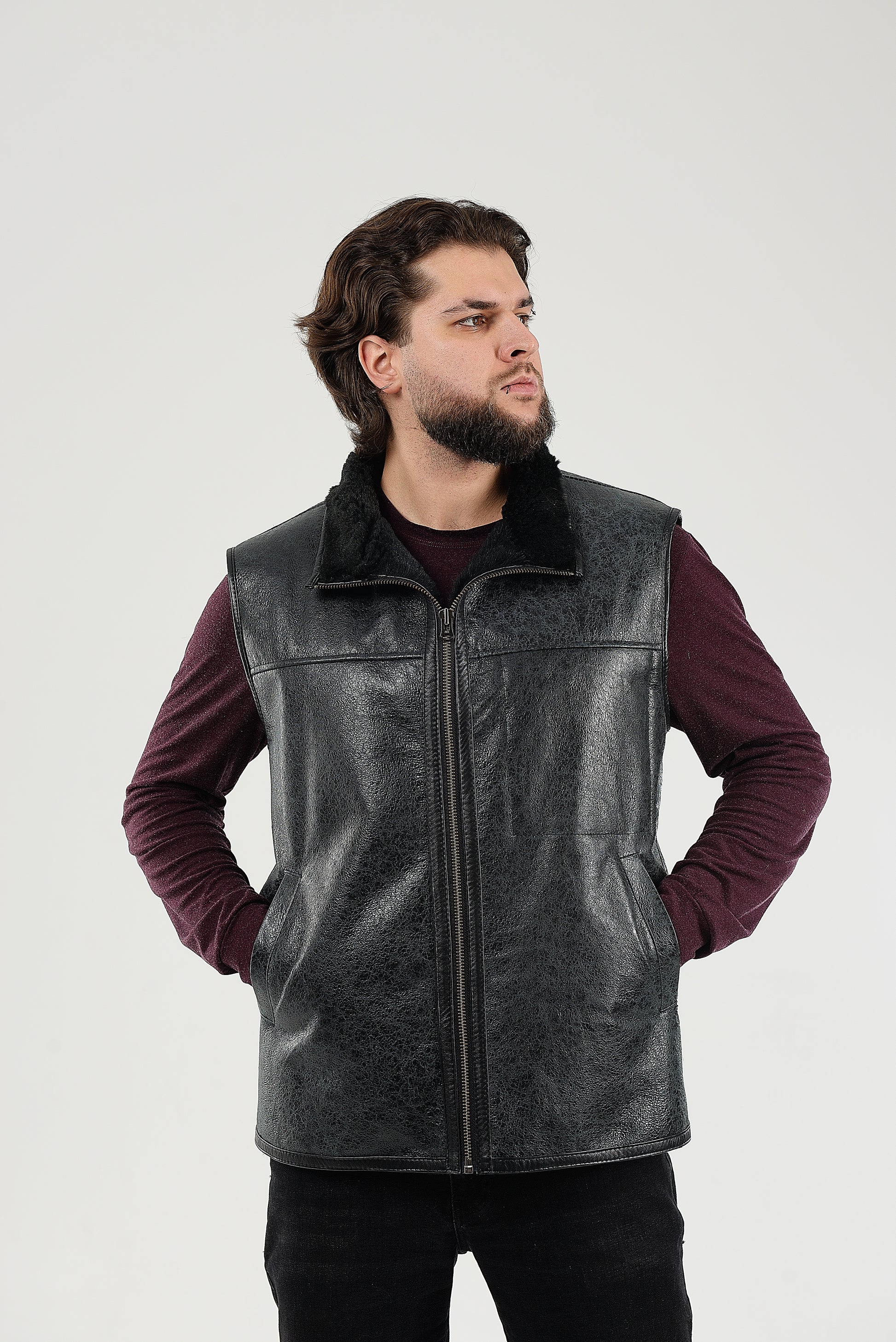 Warm Western Men's Sheepskin Vest with Secret Zip Front Pocket